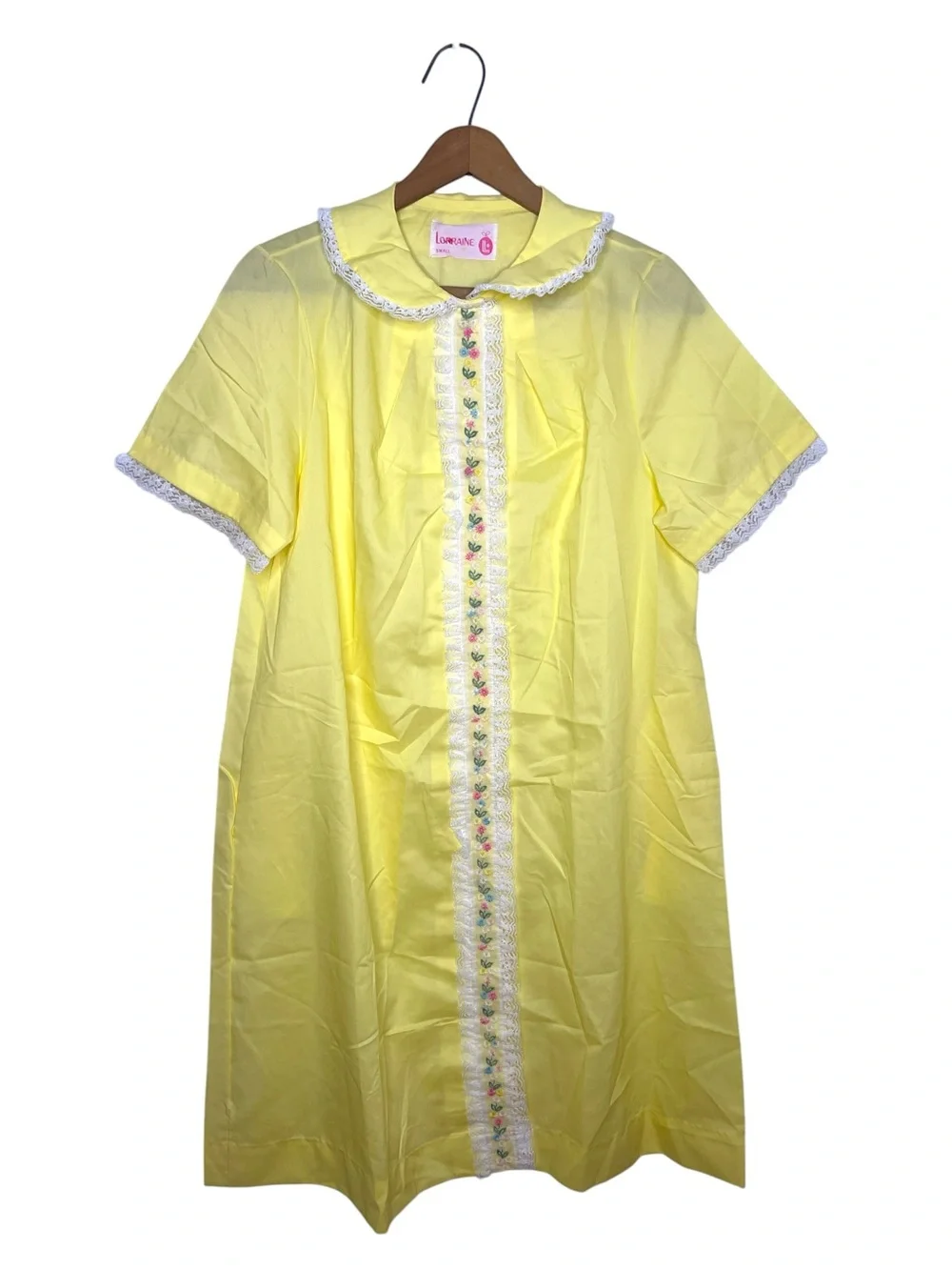 Vintage Lorraine Yellow Nightgown House Dress Lace Floral Embroidery